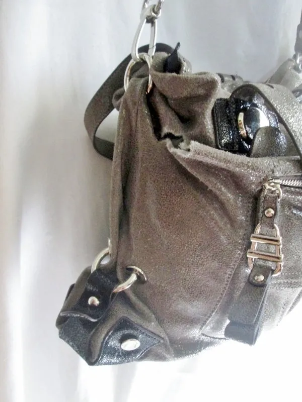 B. MAKOWSKY leather hobo satchel shoulder tote bag GRAY shimmer purse Celebrity Style