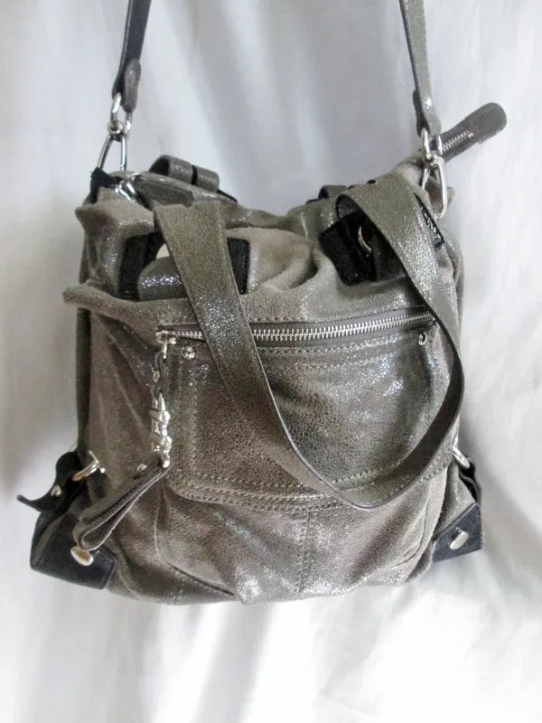 B. MAKOWSKY leather hobo satchel shoulder tote bag GRAY shimmer purse Celebrity Style