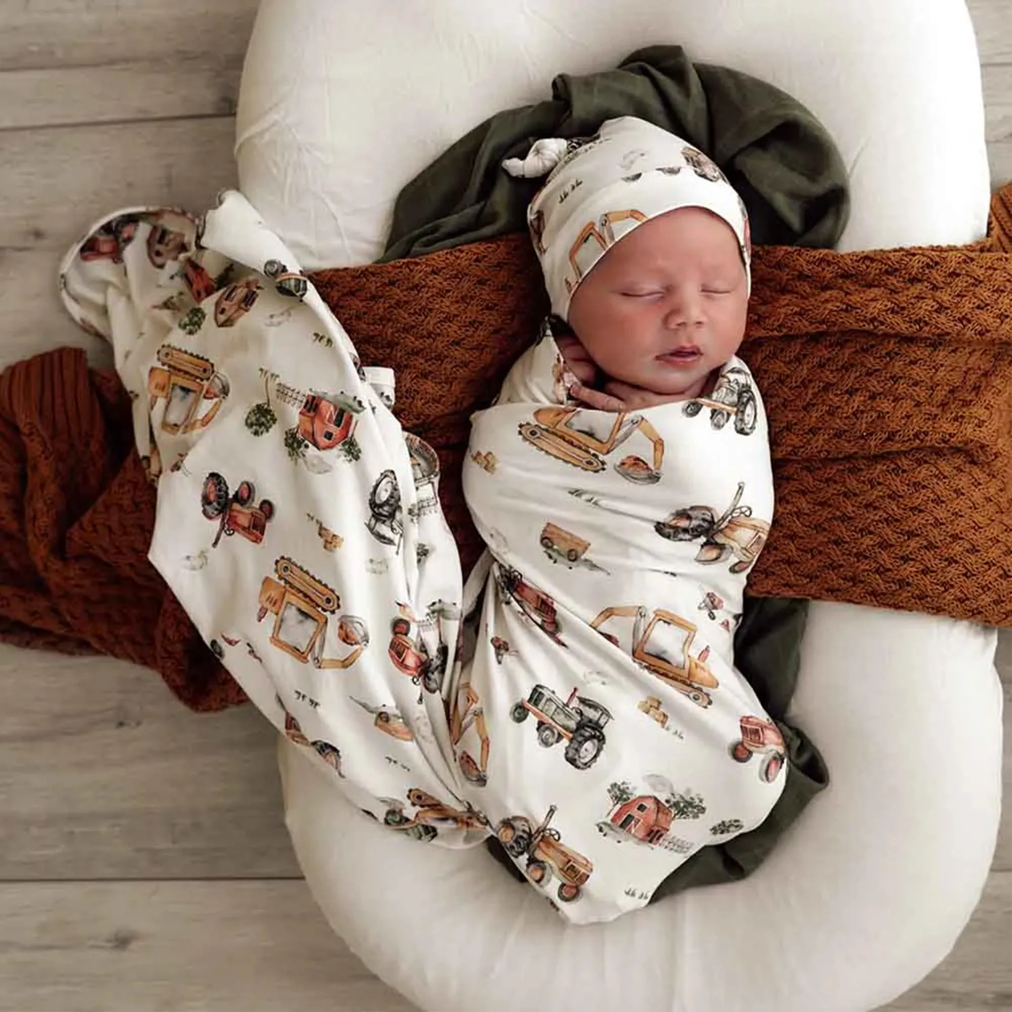 Baby Jersey Wrap & Beanie Set - Diggers & Tractors