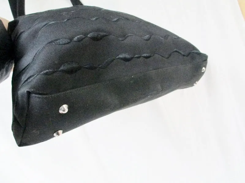 BARUCCI Nylon Embroidered Wave Vegan TOTE Shoulder BAG BLACK Carryall Pyramid