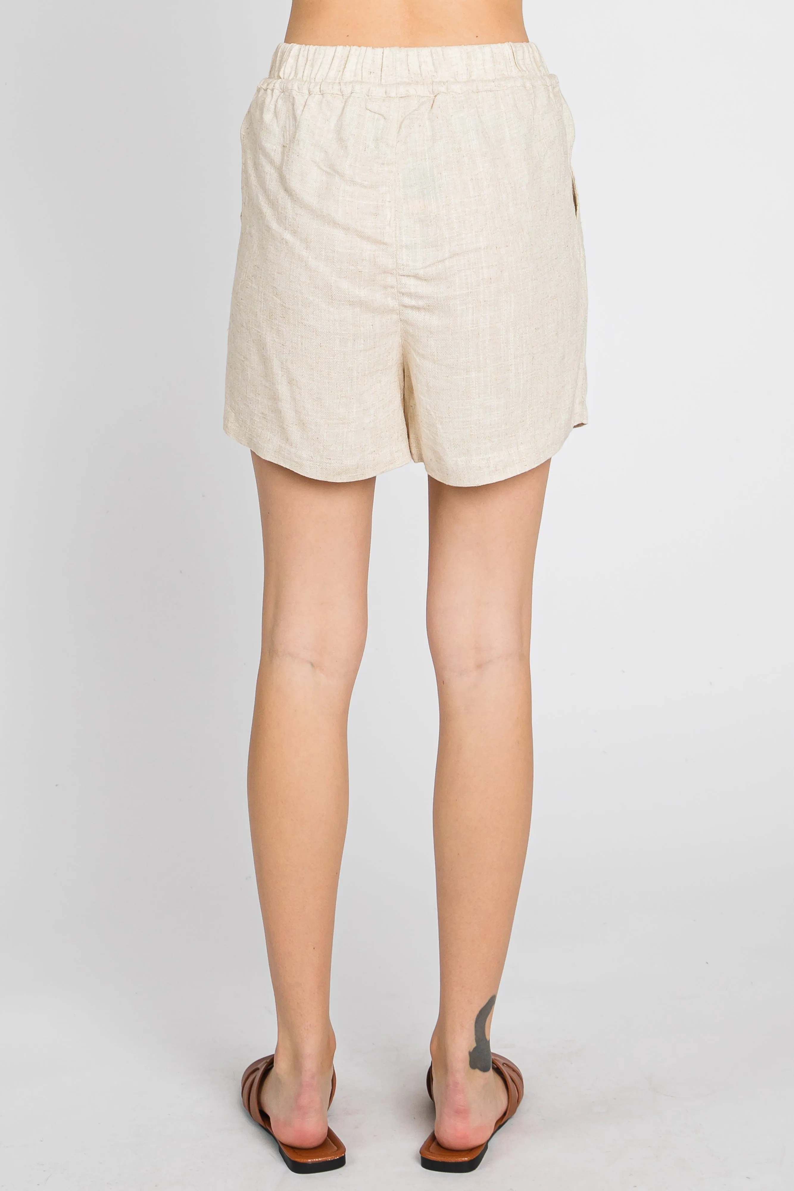 Beige Drawstring Pocketed Shorts