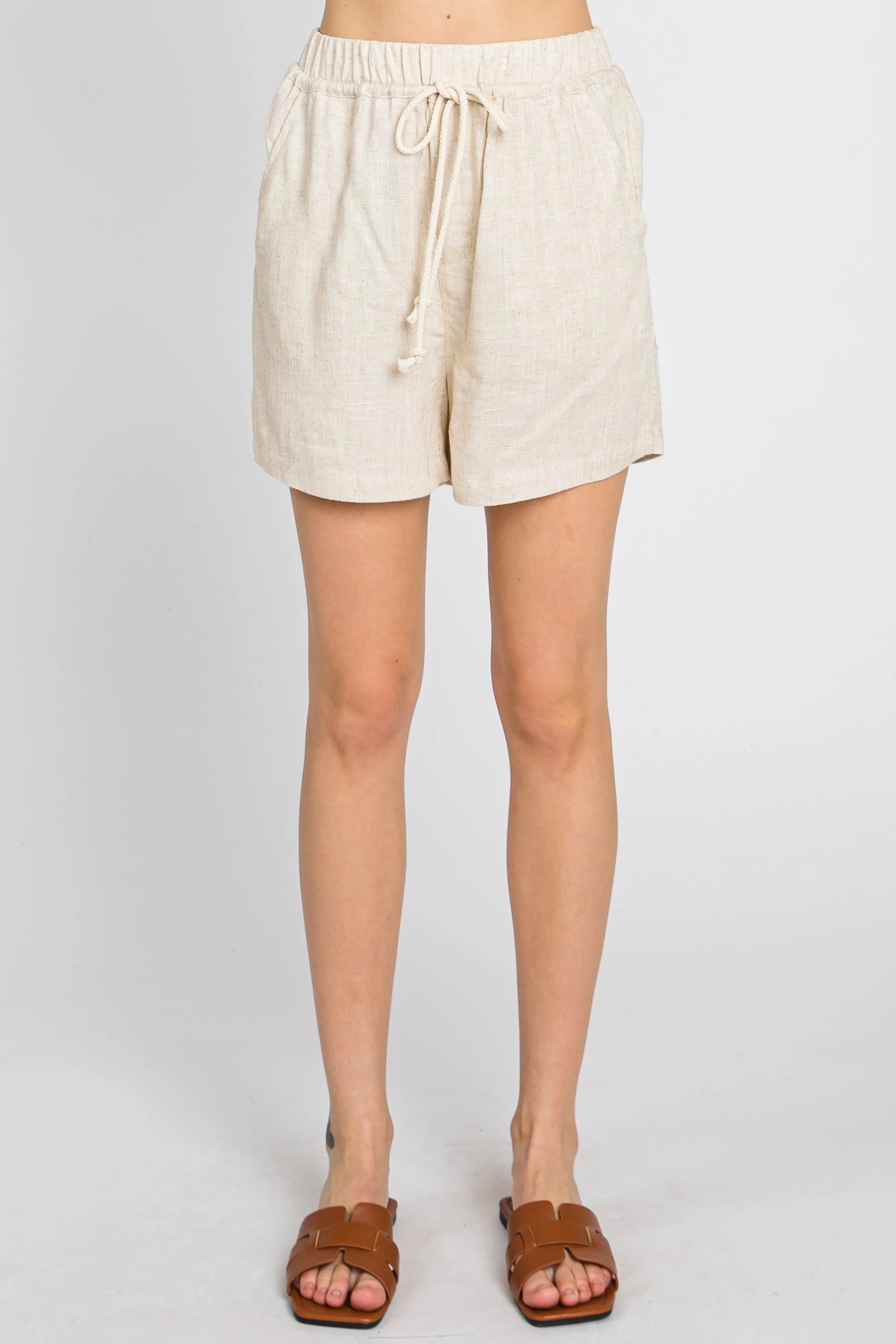 Beige Drawstring Pocketed Shorts