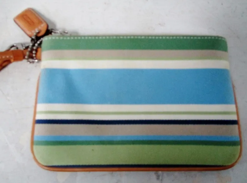 COACH Mini Stripe Cloth Leather Wristlet Purse Wallet Clutch BLUE GREEN TAN