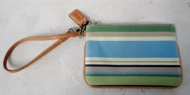 COACH Mini Stripe Cloth Leather Wristlet Purse Wallet Clutch BLUE GREEN TAN