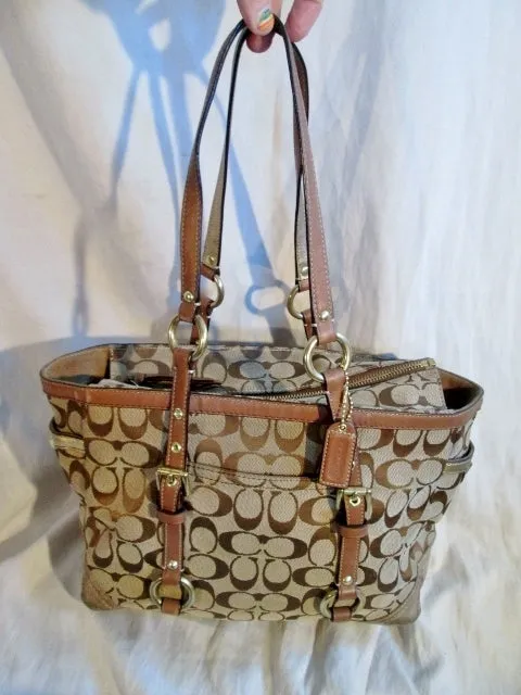 COACH Signature C Gallery Leather Jacquard Canvas Tote Purse Handbag 10384 BEIGE BROWN