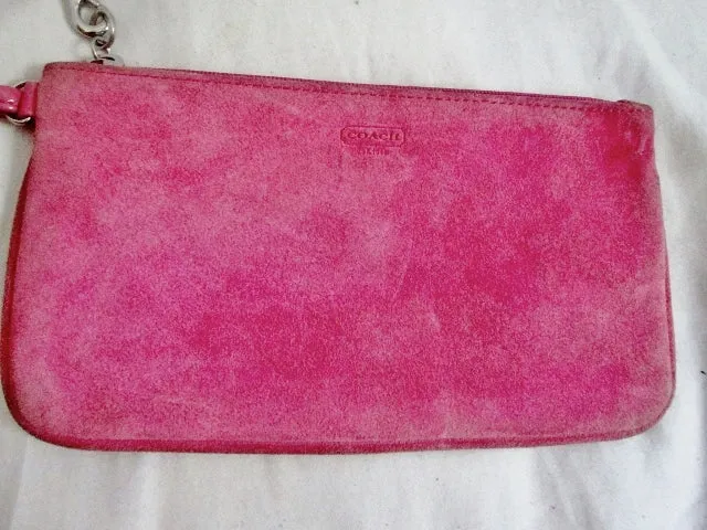 COACH Suede Wristlet Coin Purse Wallet Clutch Baguette BUBBLE GUM PINK Pouch