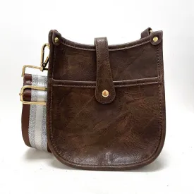 Coffee Mini Distressed Vegan Leather Messenger Bag w/ Adjustable Coffee/Silver/White Stripe Strap
