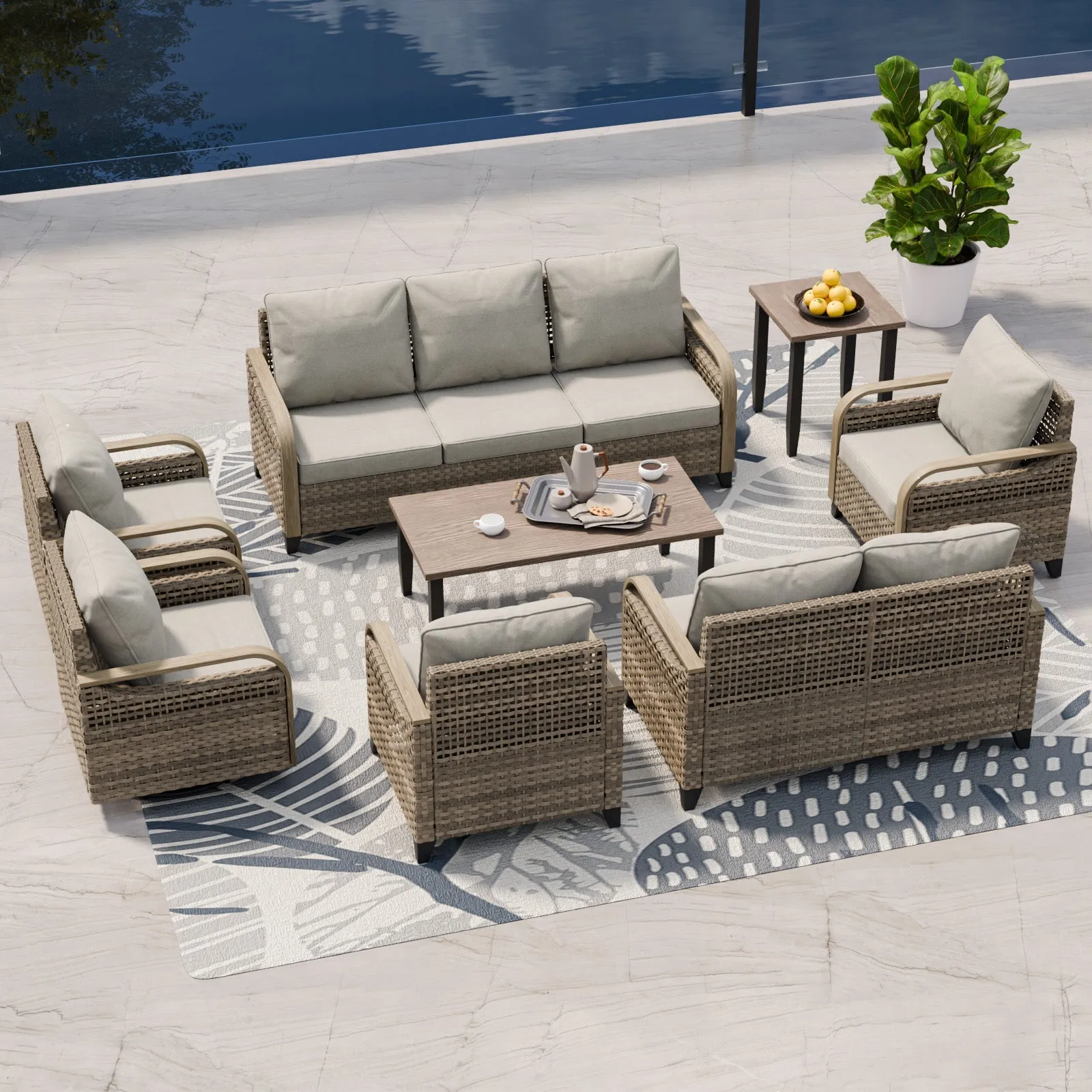 EAGLE PEAK 8 Piece Wicker Outdoor Patio Furniture Set, Patio Set with 2 Swivel Rocking Chairs, 2 Patio Chairs, 3 Seat Loveseat Sofa, 2 Seat Loveseat Sofa, Coffee Table and Side Table, Brown/Gray