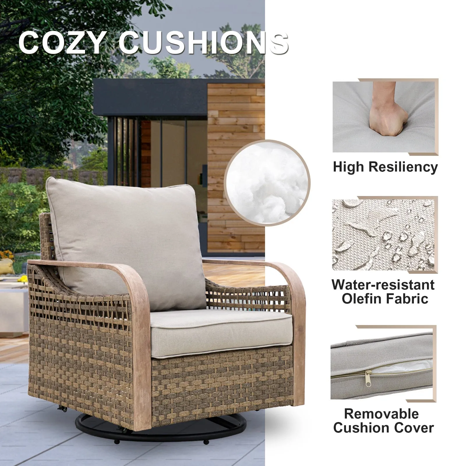 EAGLE PEAK 8 Piece Wicker Outdoor Patio Furniture Set, Patio Set with 2 Swivel Rocking Chairs, 2 Patio Chairs, 3 Seat Loveseat Sofa, 2 Seat Loveseat Sofa, Coffee Table and Side Table, Brown/Gray