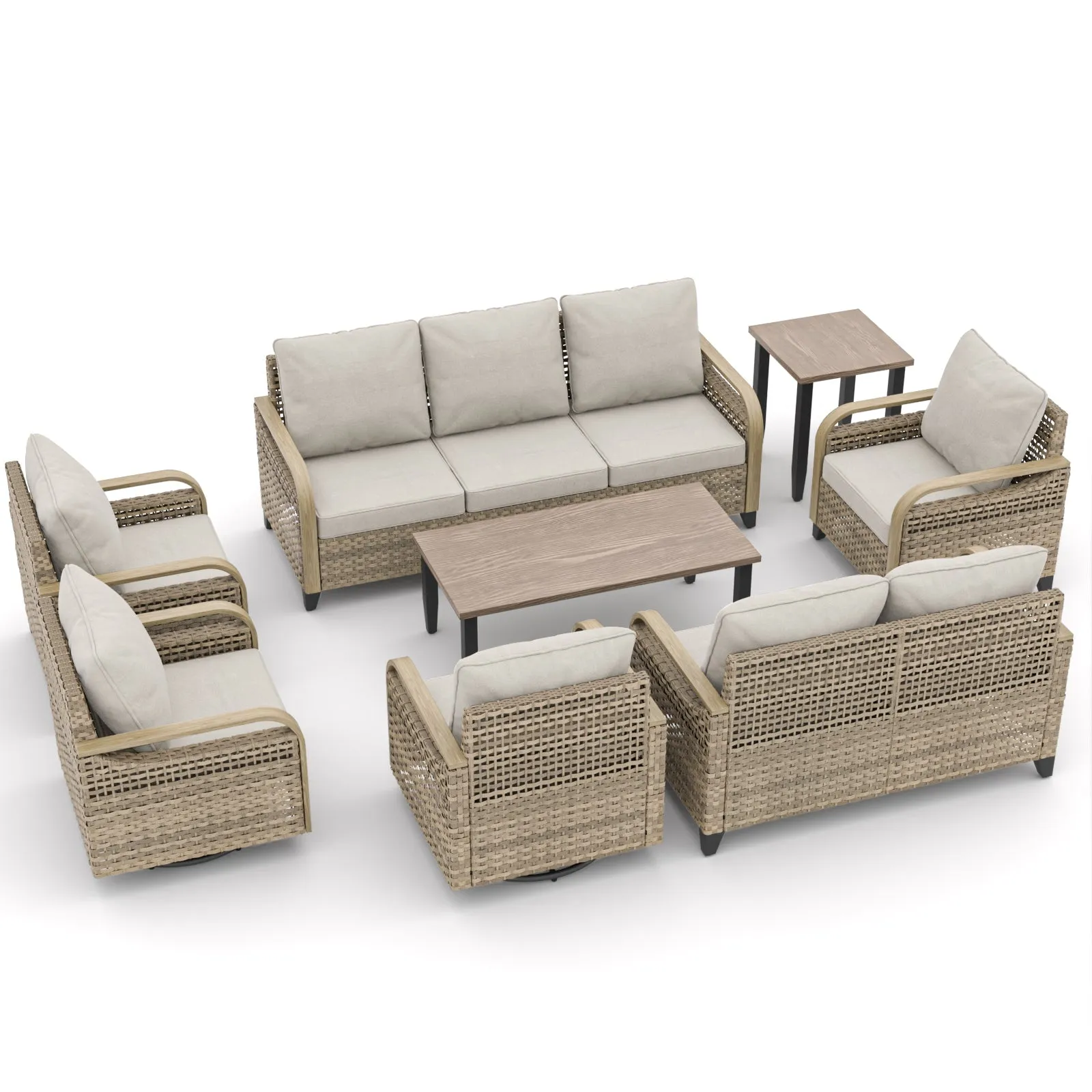 EAGLE PEAK 8 Piece Wicker Outdoor Patio Furniture Set, Patio Set with 2 Swivel Rocking Chairs, 2 Patio Chairs, 3 Seat Loveseat Sofa, 2 Seat Loveseat Sofa, Coffee Table and Side Table, Brown/Gray