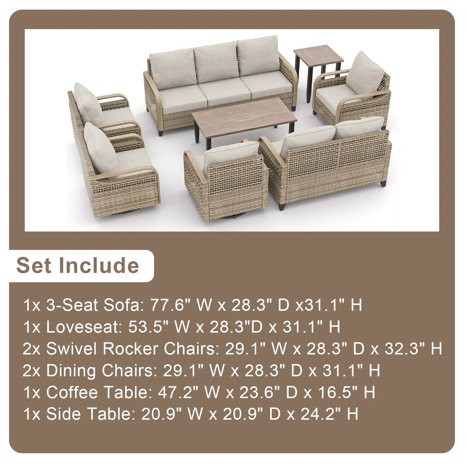 EAGLE PEAK 8 Piece Wicker Outdoor Patio Furniture Set, Patio Set with 2 Swivel Rocking Chairs, 2 Patio Chairs, 3 Seat Loveseat Sofa, 2 Seat Loveseat Sofa, Coffee Table and Side Table, Brown/Gray