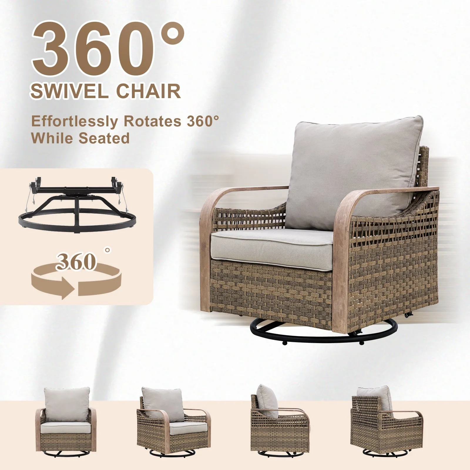 EAGLE PEAK 8 Piece Wicker Outdoor Patio Furniture Set, Patio Set with 2 Swivel Rocking Chairs, 2 Patio Chairs, 3 Seat Loveseat Sofa, 2 Seat Loveseat Sofa, Coffee Table and Side Table, Brown/Gray