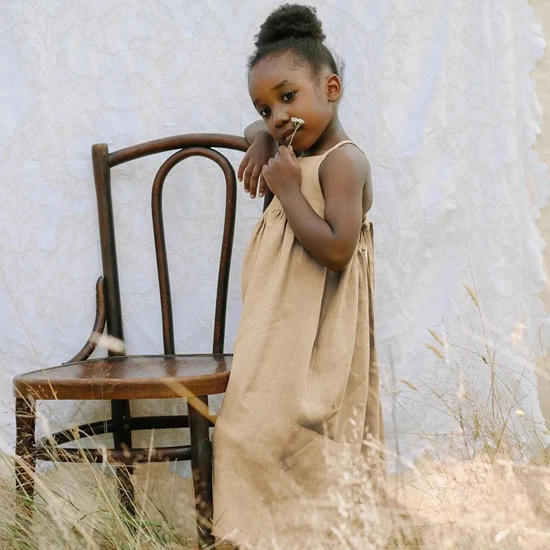 Girl Vintage Retro Linen Floaty Sling Dress, Vintage Casual Loose Sleeveless Backless Dress With Adjustable Straps 2-6T