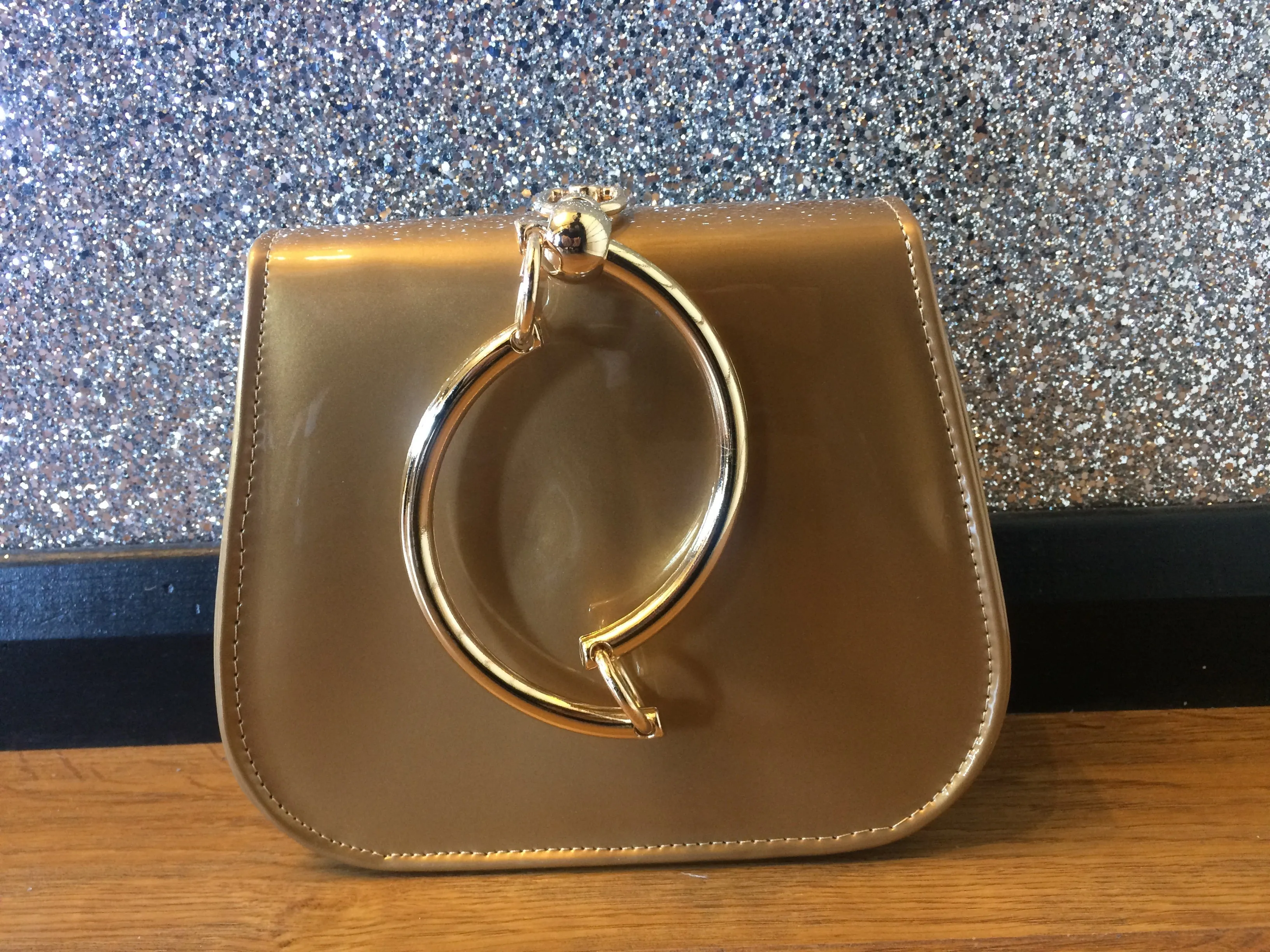 Gold Circle Handle Patent Handbag- Black