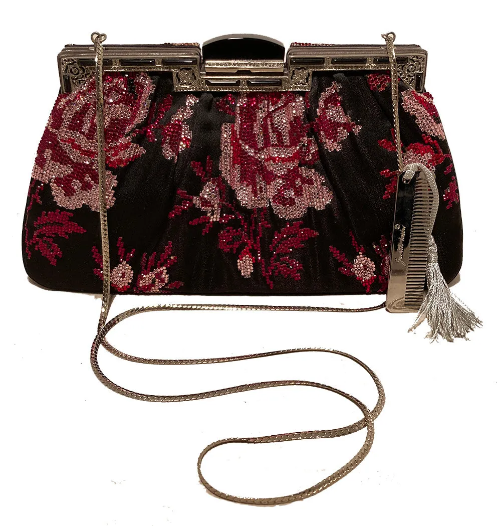 Judith Leiber Black Silk Rose Swarovski Crystal Evening Bag Clutch