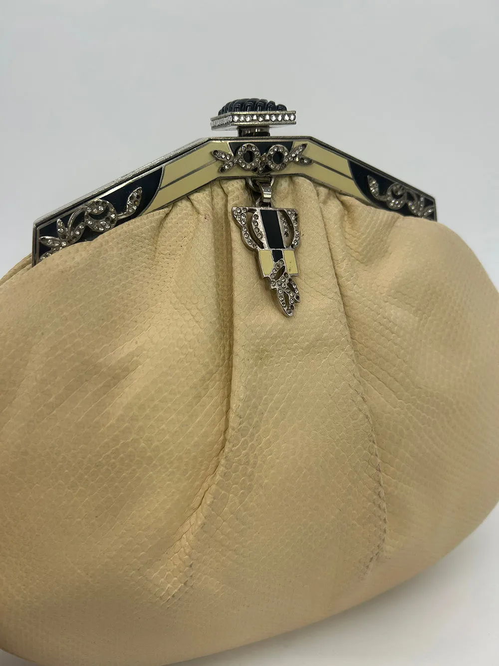 Judith Leiber Cream Matte Lizard Clutch with Enamel Crystal Top