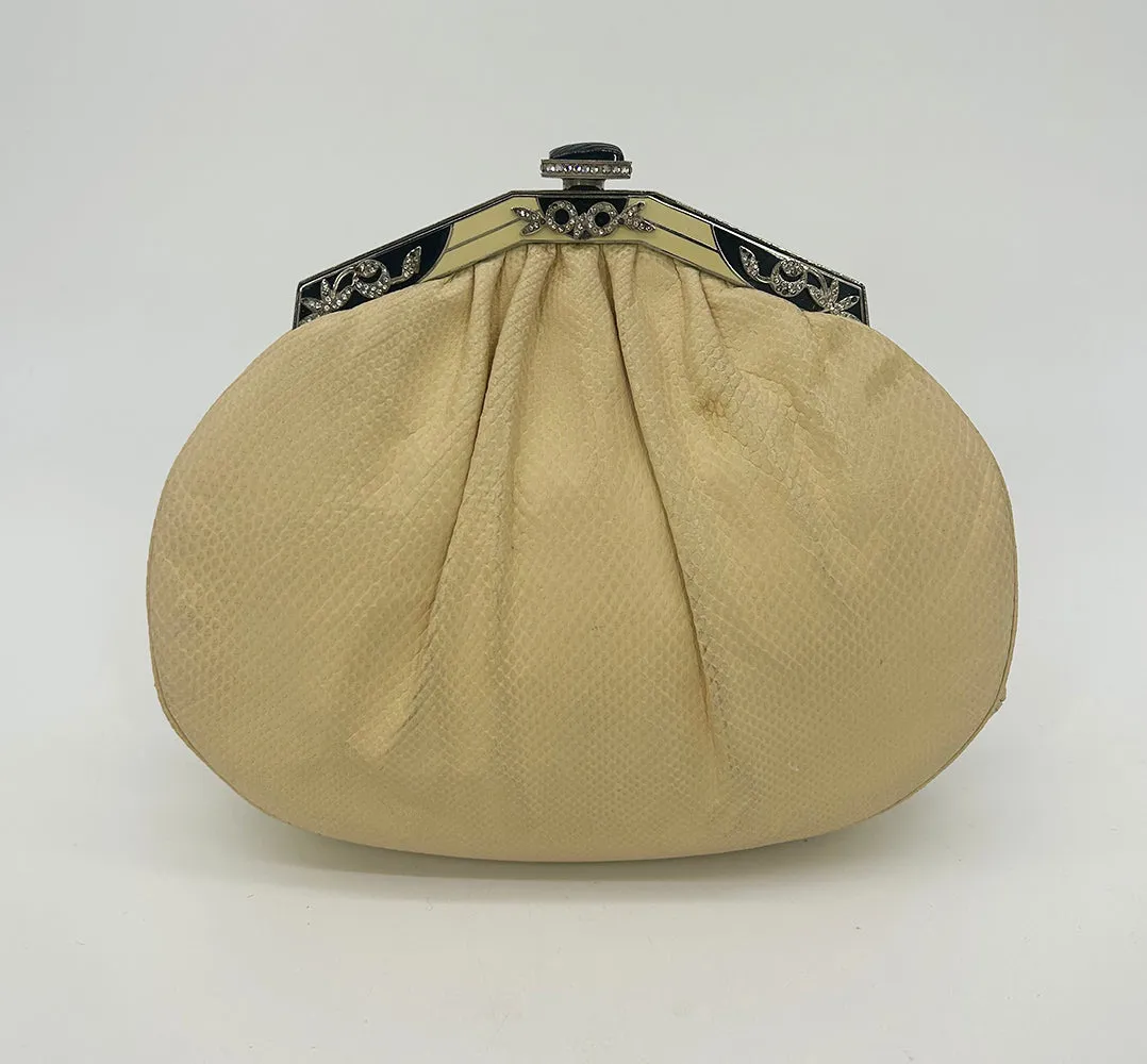Judith Leiber Cream Matte Lizard Clutch with Enamel Crystal Top
