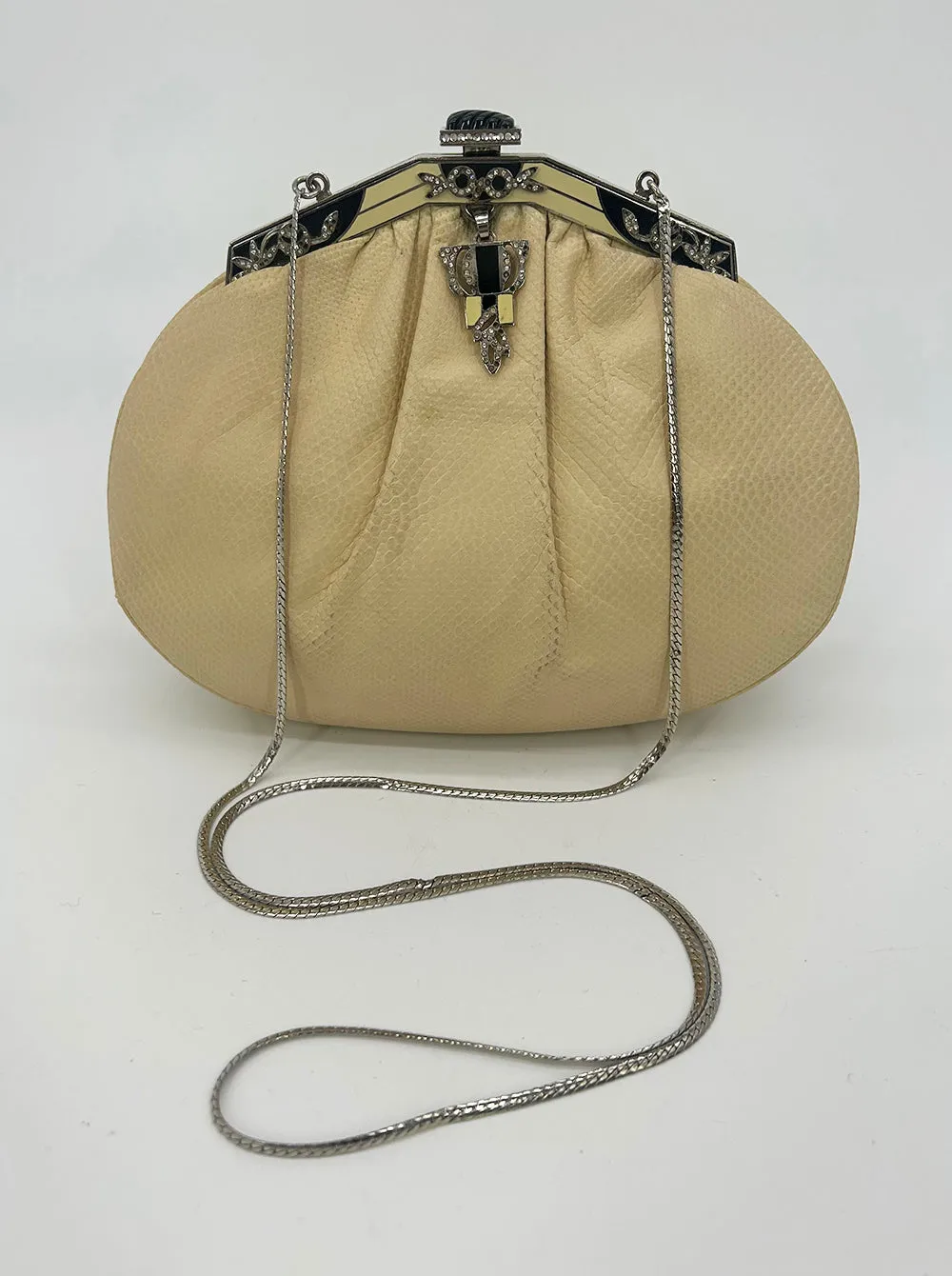 Judith Leiber Cream Matte Lizard Clutch with Enamel Crystal Top