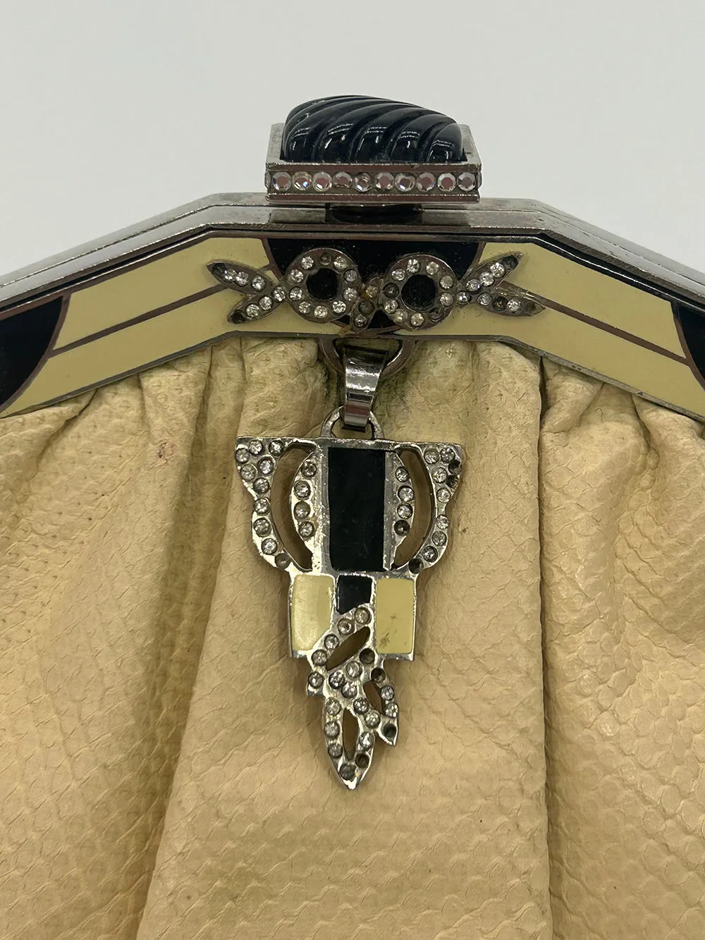 Judith Leiber Cream Matte Lizard Clutch with Enamel Crystal Top