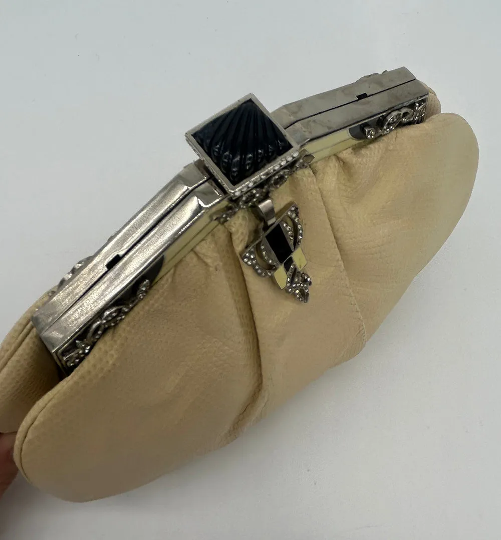 Judith Leiber Cream Matte Lizard Clutch with Enamel Crystal Top