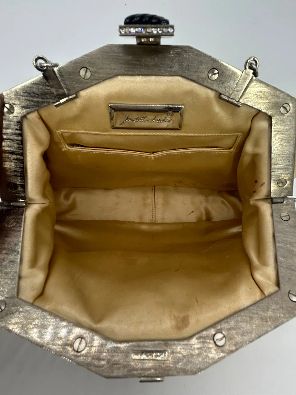 Judith Leiber Cream Matte Lizard Clutch with Enamel Crystal Top