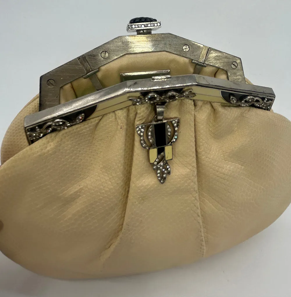 Judith Leiber Cream Matte Lizard Clutch with Enamel Crystal Top