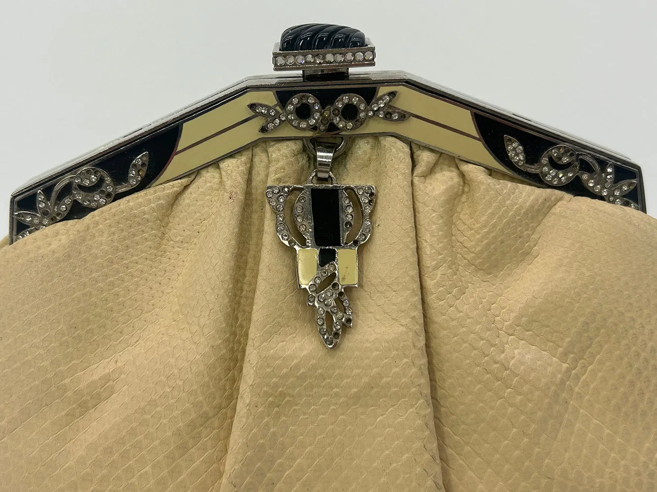 Judith Leiber Cream Matte Lizard Clutch with Enamel Crystal Top