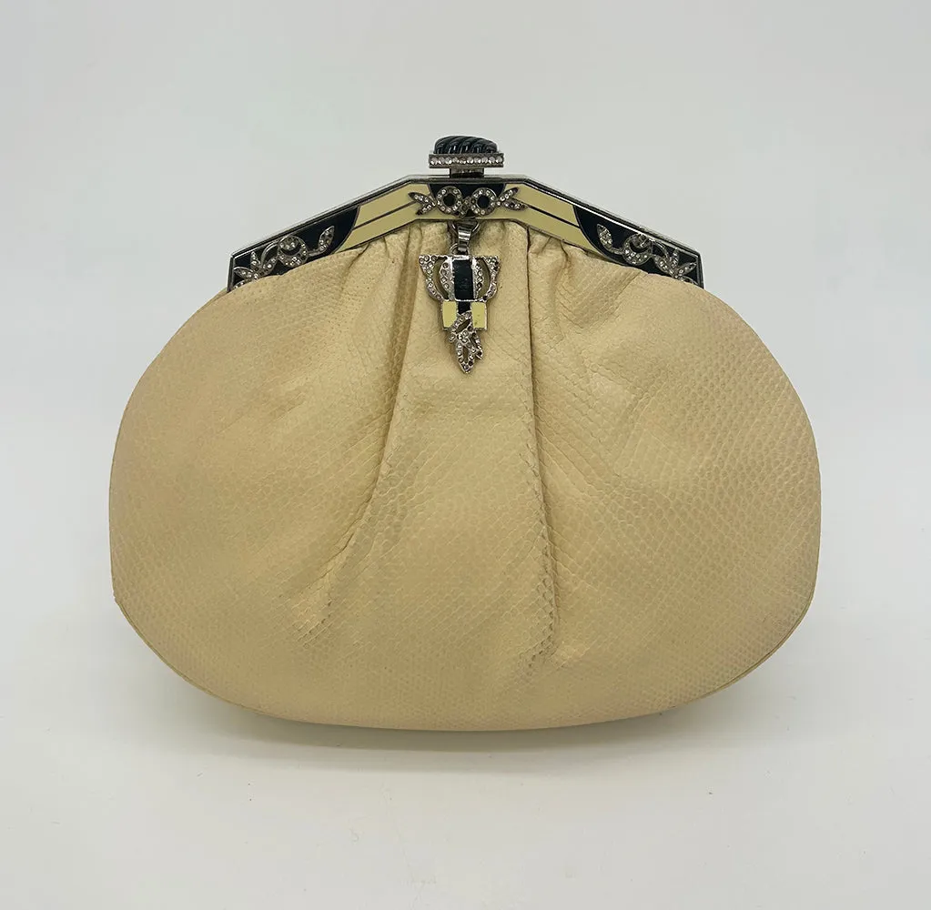 Judith Leiber Cream Matte Lizard Clutch with Enamel Crystal Top