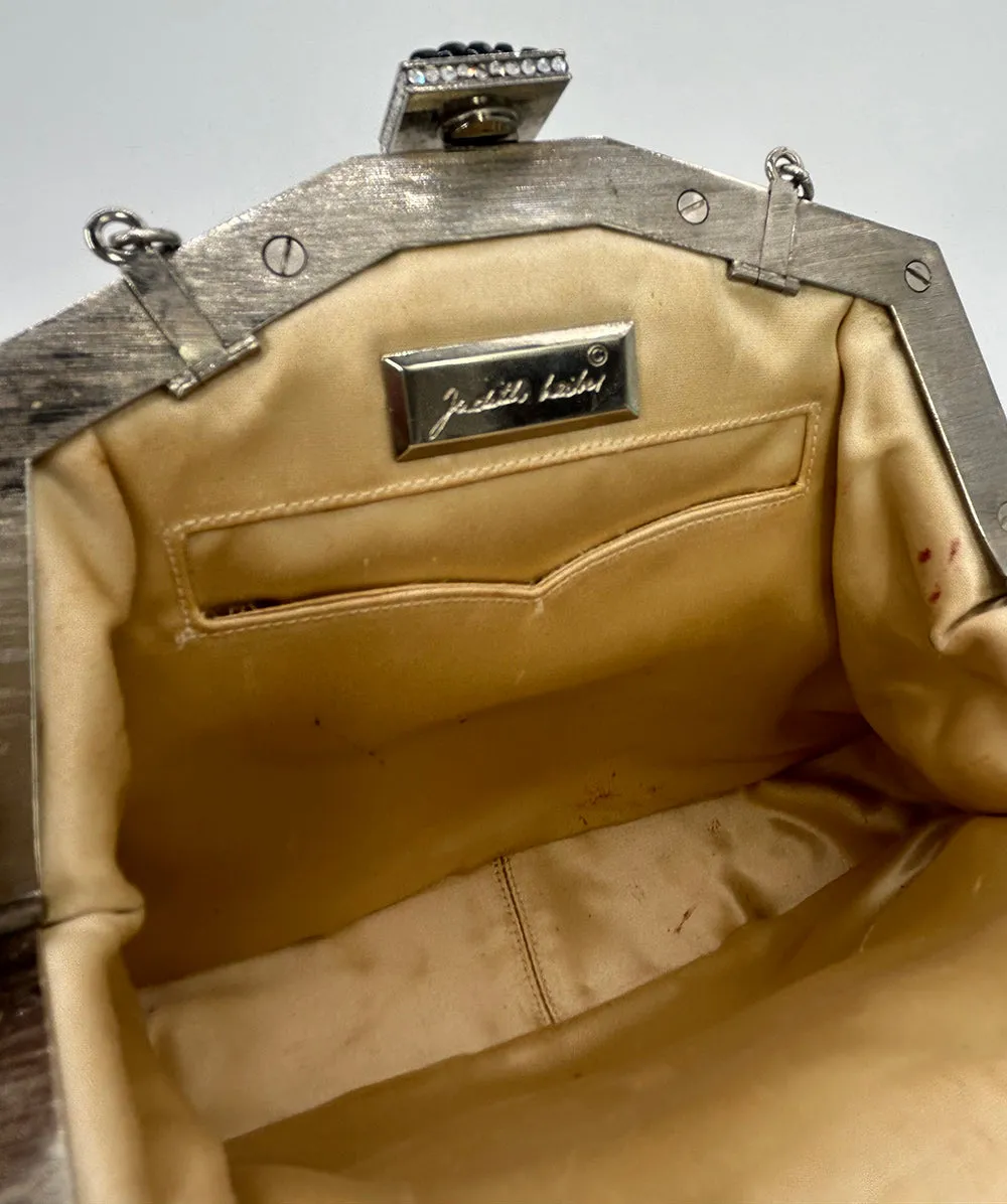 Judith Leiber Cream Matte Lizard Clutch with Enamel Crystal Top
