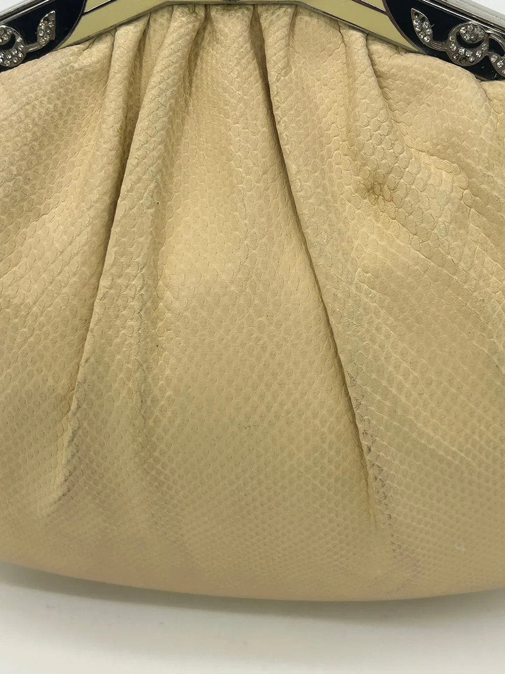Judith Leiber Cream Matte Lizard Clutch with Enamel Crystal Top