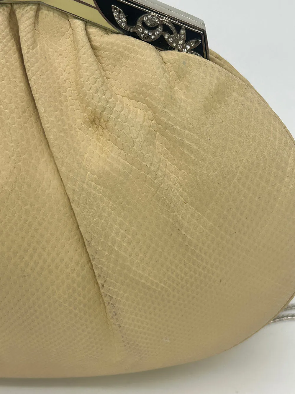 Judith Leiber Cream Matte Lizard Clutch with Enamel Crystal Top