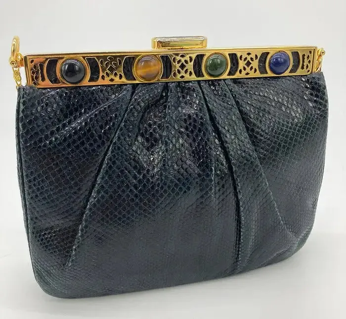 Judith Leiber Navy Blue Lizard Gemstone Top Shoulder Bag