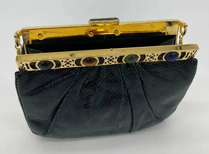 Judith Leiber Navy Blue Lizard Gemstone Top Shoulder Bag