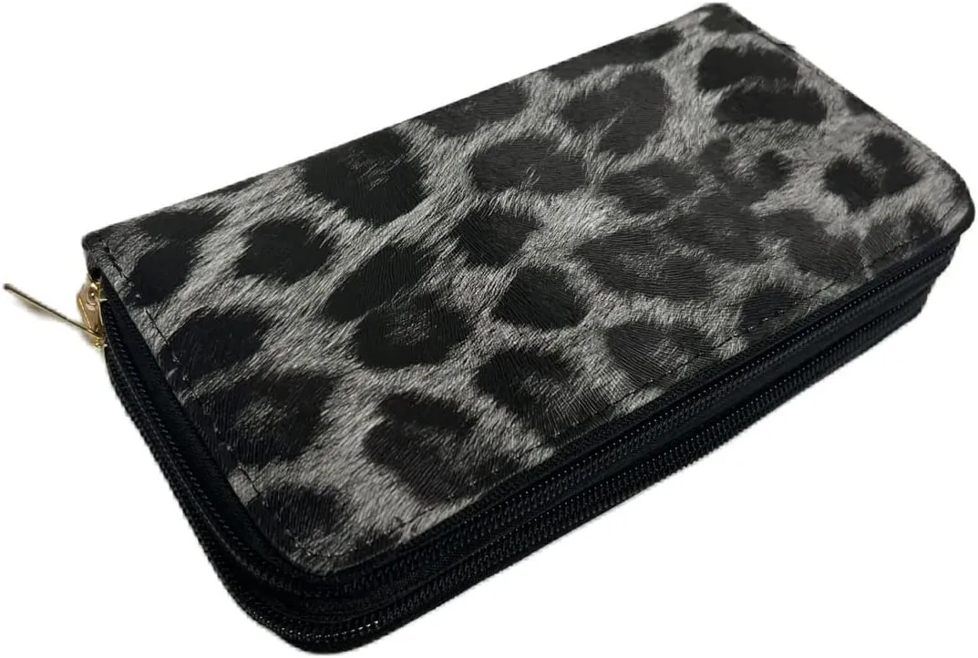 Leopard Double Zip Around Wallet with Wristlet Strap