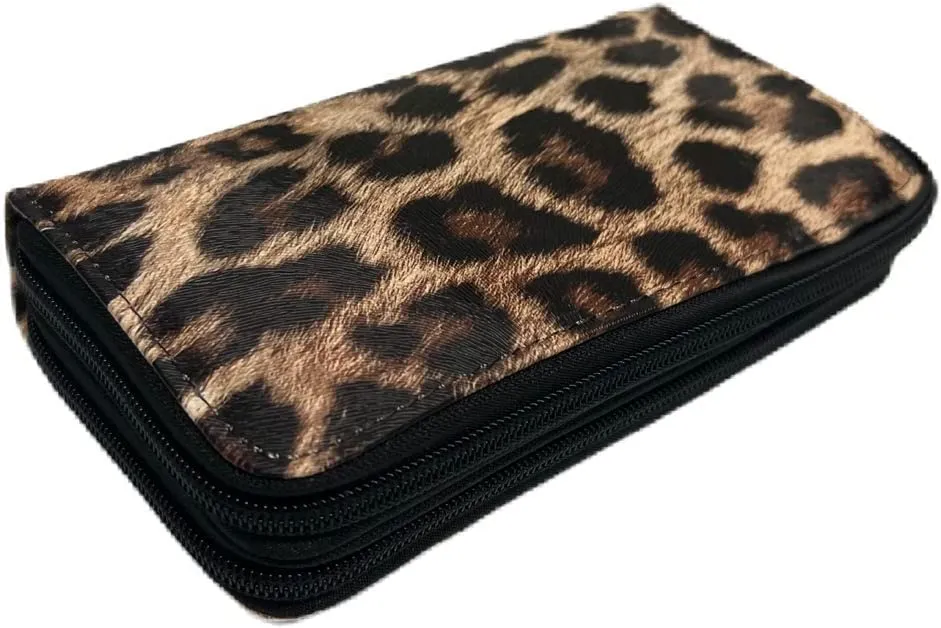 Leopard Double Zip Around Wallet with Wristlet Strap