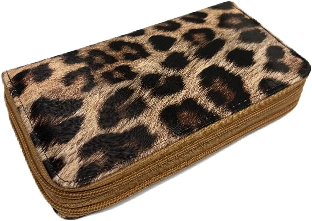 Leopard Double Zip Around Wallet with Wristlet Strap