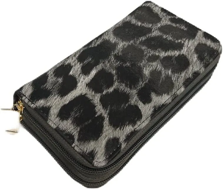 Leopard Double Zip Around Wallet with Wristlet Strap