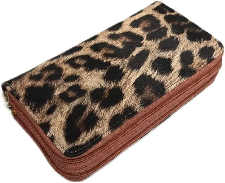 Leopard Double Zip Around Wallet with Wristlet Strap