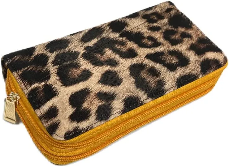 Leopard Double Zip Around Wallet with Wristlet Strap