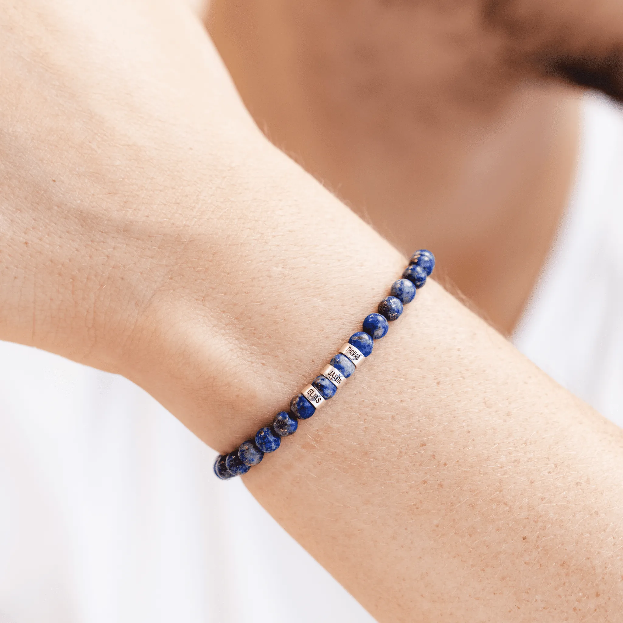 Men's Blue Lapis Engravable Bead Bracelet - 14K Yellow Gold