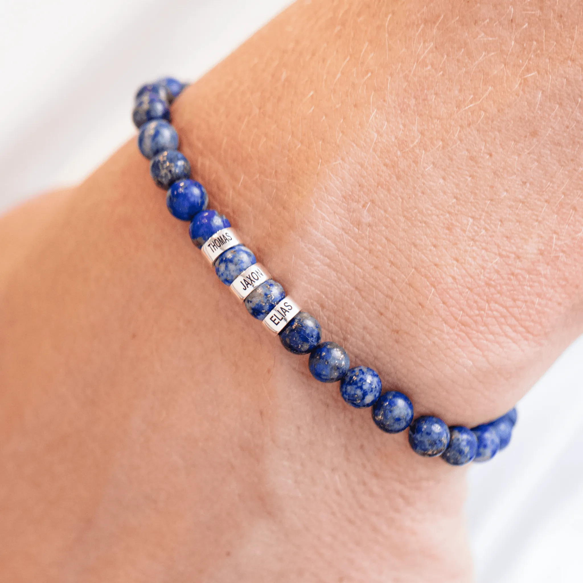 Men's Blue Lapis Engravable Bead Bracelet - 14K Yellow Gold