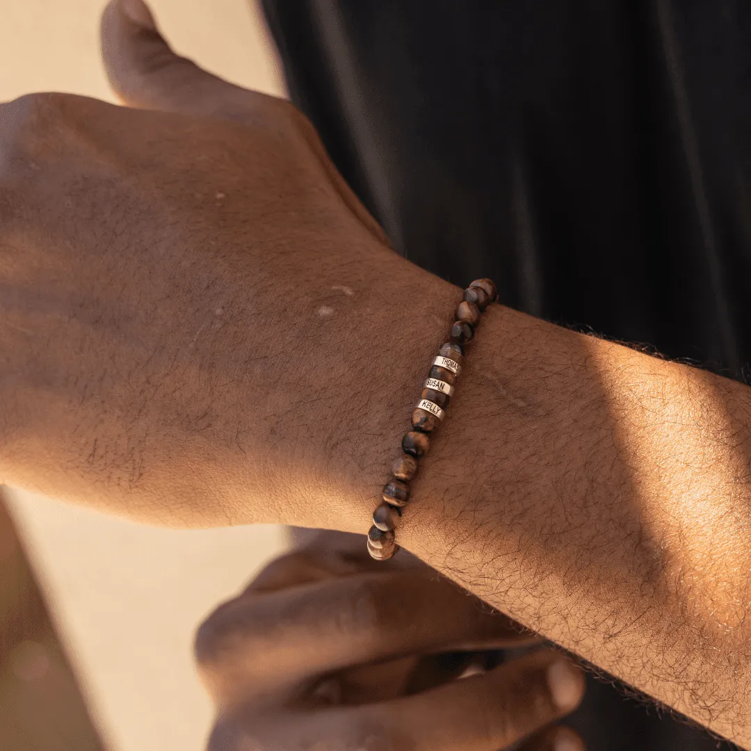 Men's Brown Tiger Eye Engravable Bead Bracelet - 925 Sterling Silver