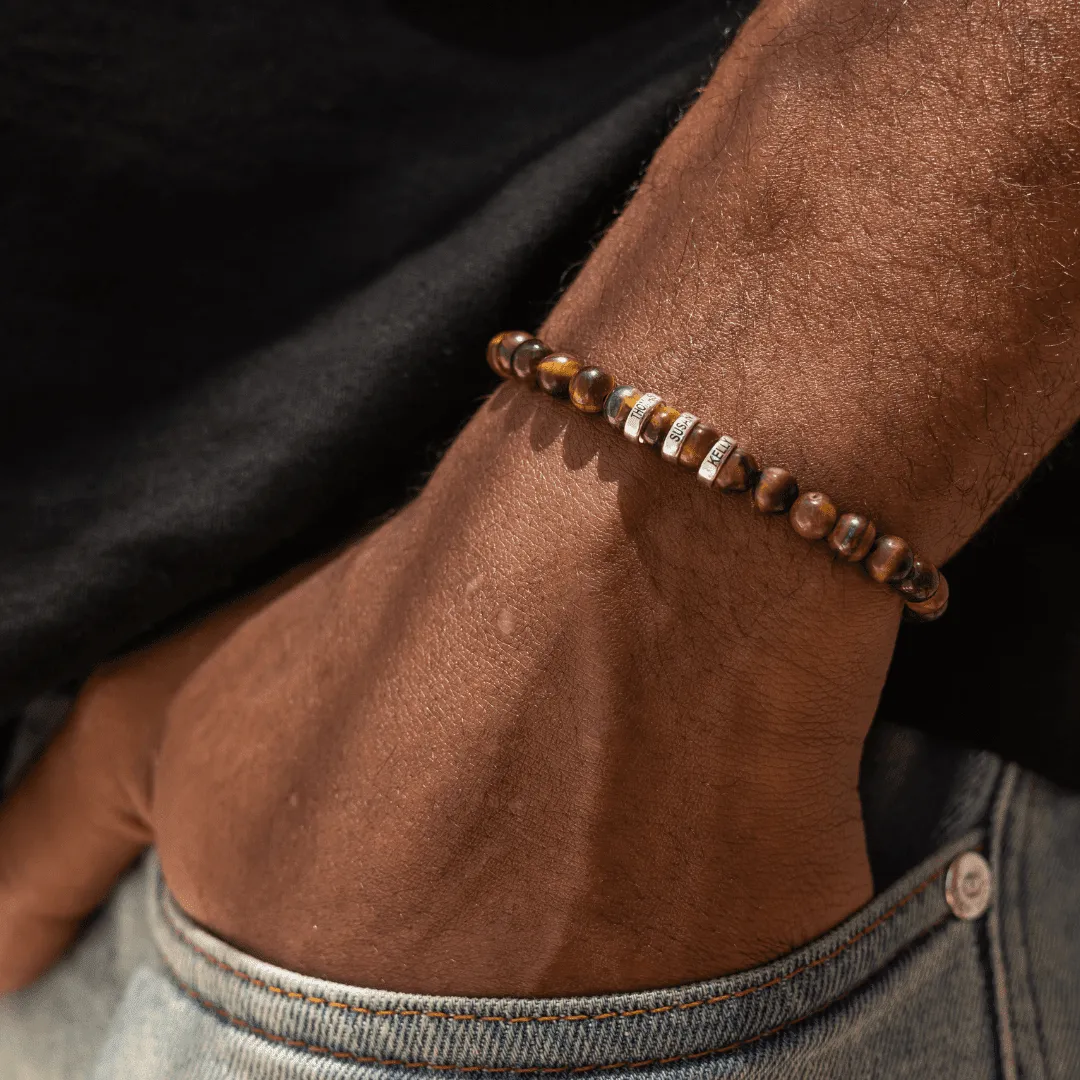 Men's Brown Tiger Eye Engravable Bead Bracelet - 925 Sterling Silver