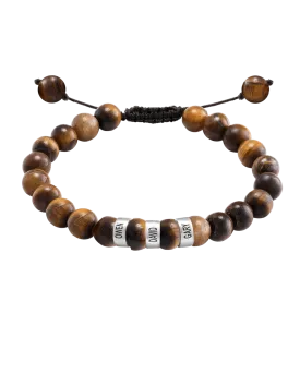 Men's Brown Tiger Eye Engravable Bead Bracelet - 925 Sterling Silver