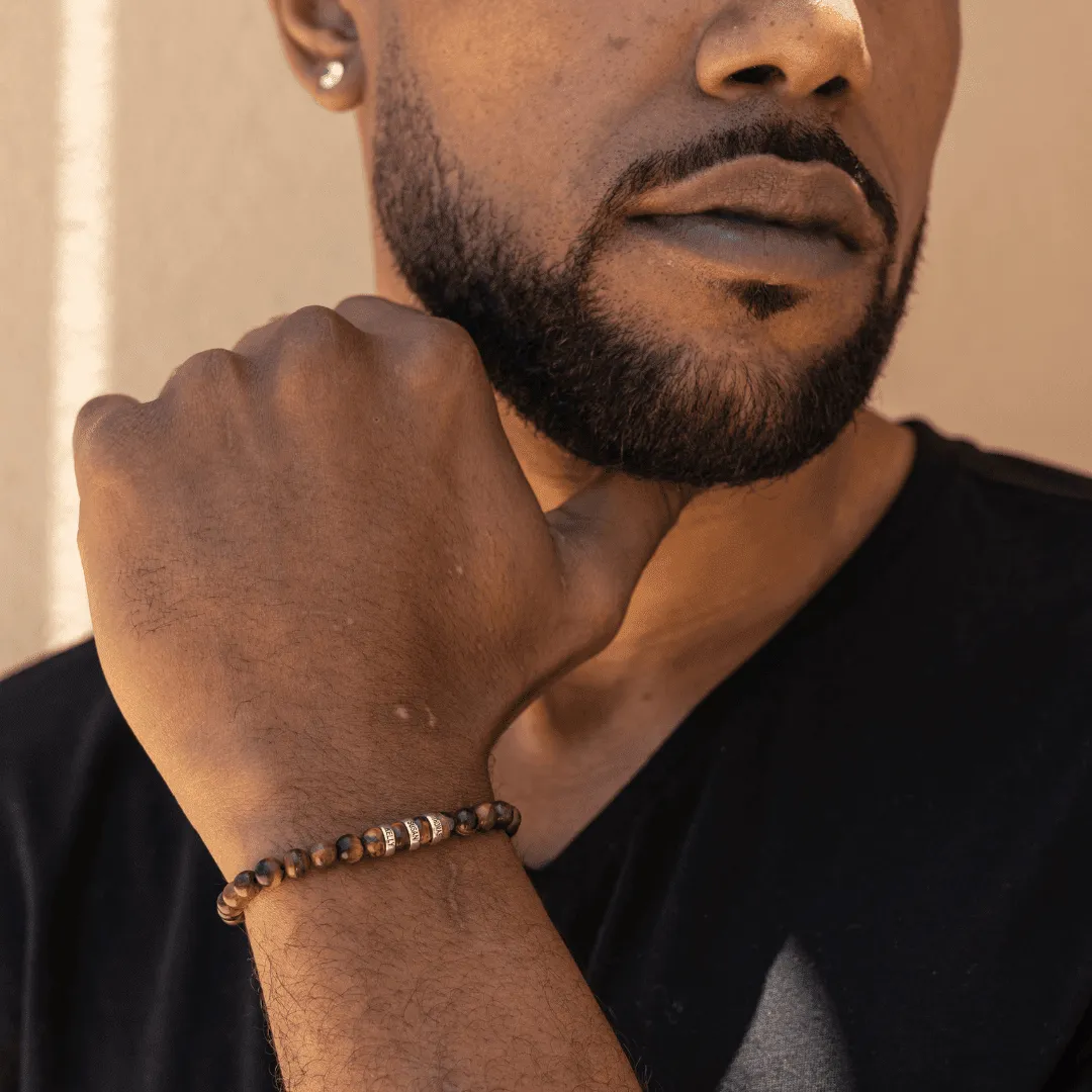 Men's Brown Tiger Eye Engravable Bead Bracelet - 925 Sterling Silver