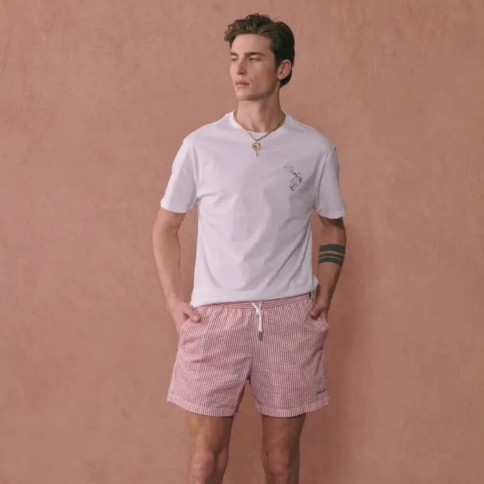 "Weekender" Maillot Seersucker Swim Shorts (White Red)